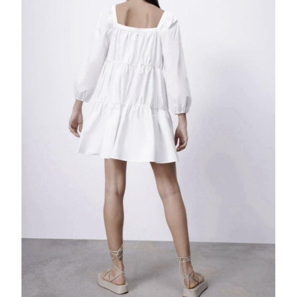Zara White Tiered Babydoll Mini Dress M Puff Sleeve Button Front Cottagecore - Picture 3 of 9